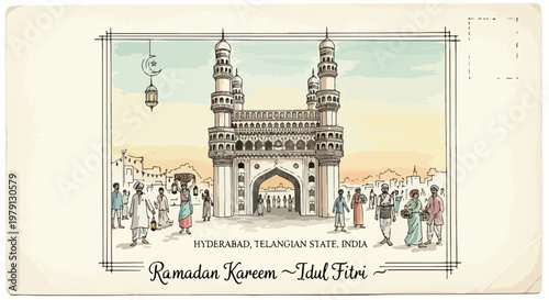 インドのハイデラバードにある歴史的な建造物チャルミナールを描いた、ヴィンテージ風のポストカードイラスト。ラマダン・カリームとイード・アル＝フィトルの祝祭をテーマに、伝統的な衣装を着た人々と美しいモニュメントが描かれたノスタルジックなデザイン。