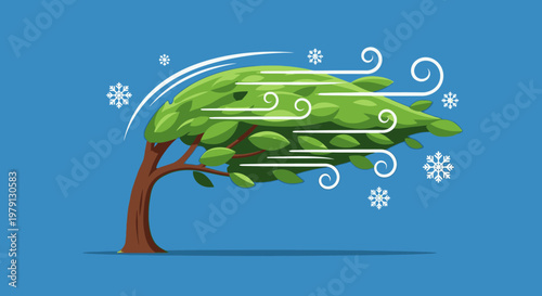 青い背景に強い風と雪に耐えながら大きくしなる緑の木のイラスト。冬の嵐や猛吹雪、厳しい自然環境を表現したフラットデザインのベクター素材。強風に煽られる樹木と渦巻く風のライン、雪の結晶が描かれた自然災害や天候のイメージ。