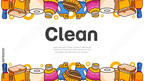Household cleaning supplies and laundry detergent products border for home hygiene banner