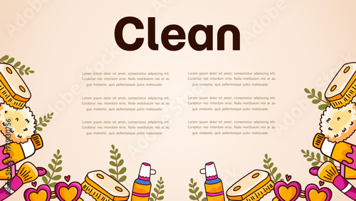 Cleaning service banner with household supplies and sponge icons for hygiene maintenance