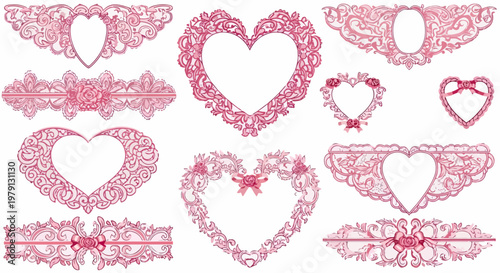 白い背景に配置された、ピンク色の繊細なレース模様のハート型フレームと装飾的なボーダーのセット。ヴィンテージ風のフィリグリーデザインが特徴で、結婚式やバレンタインデーの招待状、カード作成に最適なエレガントなベクター素材。