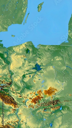 A geographical map with green and brown land and blue water