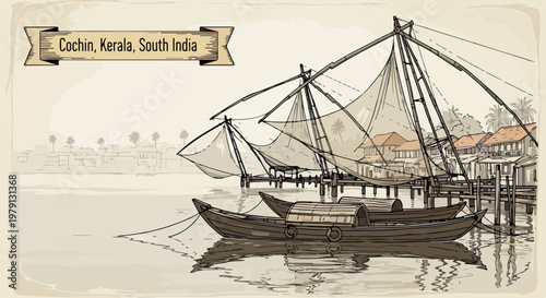 Malownicza ilustracja w stylu retro przedstawiająca chińskie sieci rybackie i tradycyjne łodzie w Cochin, Kerala, w południowych Indiach.