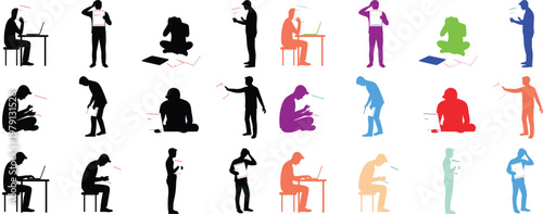 Work stress and technology silhouettes. Vector icon set showing people with laptops experiencing burnout, frustration, and creative breakthroughs. For business and mental health concepts