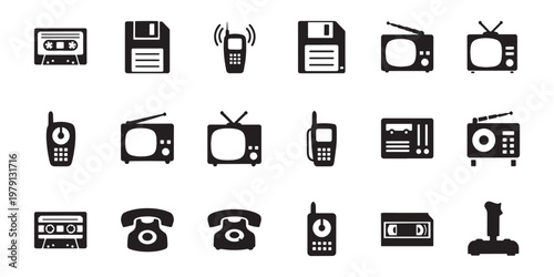 Retro Electronics, Vintage Media Icons, 20 Black and White Symbols, Communication Devices, Technology Signs