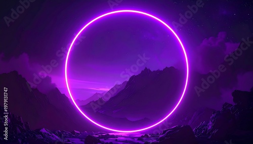 A neon purple circle glowing in a dark mountainous landscape
