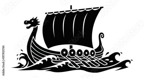 Viking longship sailing on waves with dragon head prow.