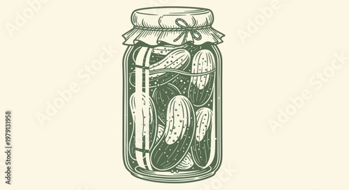 Vintage illustration of a glass jar filled with pickles.