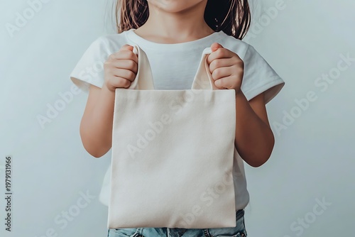 Child Holding a Blank Tote Bag.