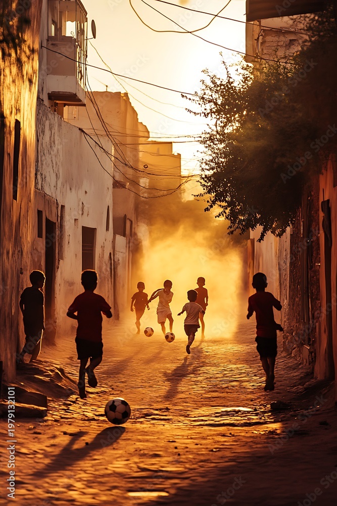 Fototapeta premium Children playing soccer in a dusty street at sunset, creating a warm and nostalgic scene.