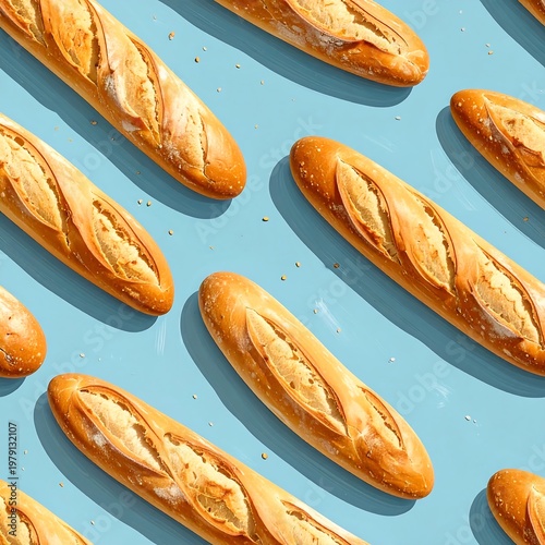 A pattern of golden-brown bread on a light blue background