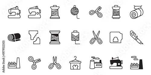 Sewing icons, 20 black line style symbols, sewing machine, scissors, threads, needles, buttons, vector graphics