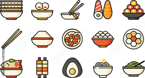 A collection of twelve minimalist vector icons featuring various Japanese food and ingredients vector illustration.