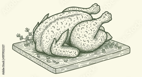 Whole Roasted Chicken on Cutting Board Engraving Style.