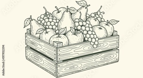 Wooden Crate Filled With Assorted Fresh Fruits Illustration.