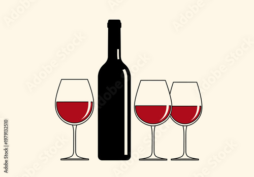 Minimalist Graphic Illustration of a Black Wine Bottle with Three Glasses of Red Wine on a Cream Background