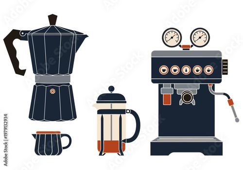 Retro Coffee Maker Collection with Espresso Machine, Moka Pot, and French Press Vector Illustration