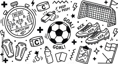 Hand Drawn Soccer Doodle Set with Football Elements, Ball, Goal Net, Shoes, Whistle, Stopwatch and Match Day Icons in Cartoon Style Vector Illustration