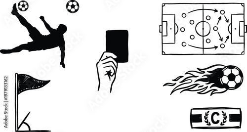 Set of black and white soccer illustrations featuring a football player performing a bicycle kick, referee hand holding a card, tactical field diagram, corner flag, flaming ball, and captain armband.