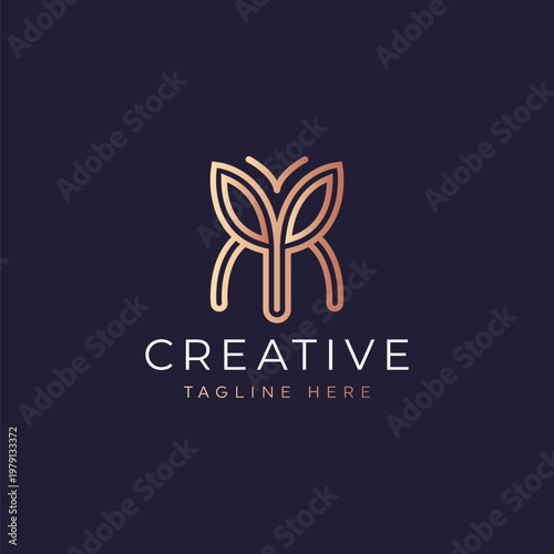 Letter R butterfly logo, line art style of letter RR logo design vector