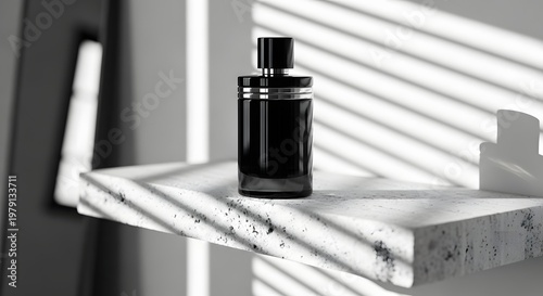 Elegant Black Perfume Bottle on a Stone Shelf with Sunlight