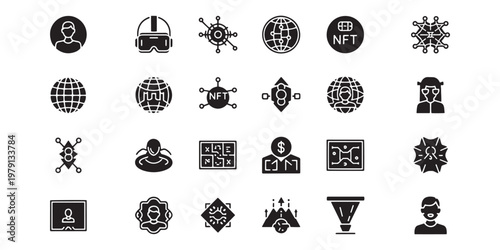 Cryptocurrency, blockchain, NFT icons, 25 black vector graphics, digital currency symbols, web3 tokens