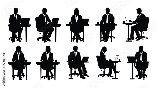 A collection of black silhouette figures depicts diverse professionals working at desks with laptops and office furniture high quality professional detailed