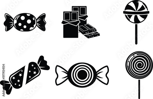 black and white candy icons with lollipops and chocolate bars