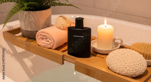 Relaxing Spa Bathroom Setup with Candle, Towel, and Perfume