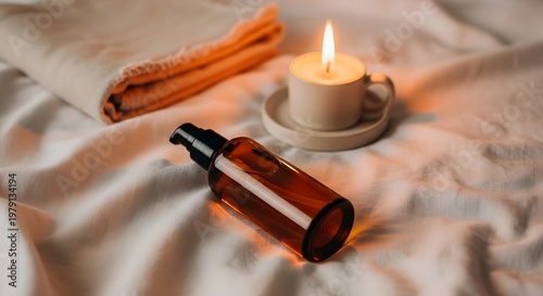 Relaxing Spa Scene with Candle, Oil Bottle, and Towel on Bed