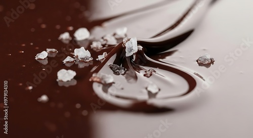 Sweet and Salty Indulgence Delicious Dark Chocolate Swirls with Coarse Salt Crystals Scattered on a Wet Surface Creating a Rich Textural Contrast for Culinary Inspiration and Gourmet Treats