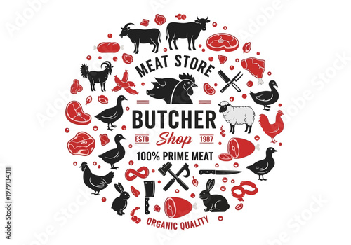 Vintage Butcher Shop and Meat Store Branding Icons. Vector Collection of Farm Animal Silhouettes, Meat Cuts, and Butchery Tools for Organic Meat Quality Design.