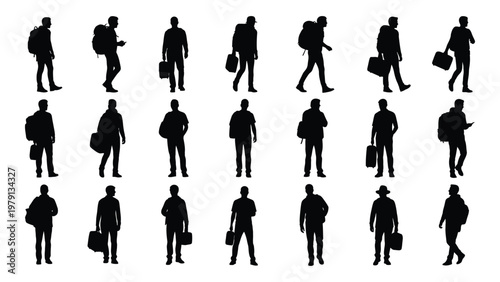 A collection of twenty five black silhouettes depicts diverse people walking carrying bags and showcasing varied postures high quality professional detailed