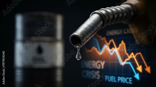 Global energy crisis and oil market volatility concept with fuel nozzle dripping liquid against background of falling price charts economic inflation and petroleum barrel industry supply.