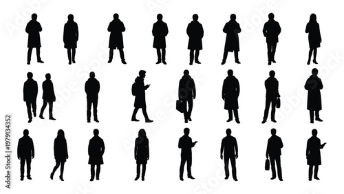 A collection of black silhouette figures depicting diverse people in various casual and professional poses and outfits high quality detailed modern