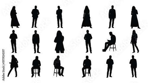 A collection of black silhouettes depicting diverse people in various poses and clothing arranged in a grid pattern high quality professional