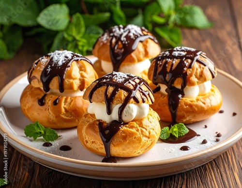 A plate of cream puffs with chocolate sauce and mint leaves on a wooden table