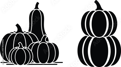 black and white illustration of pumpkins and gourds side by side on white background
