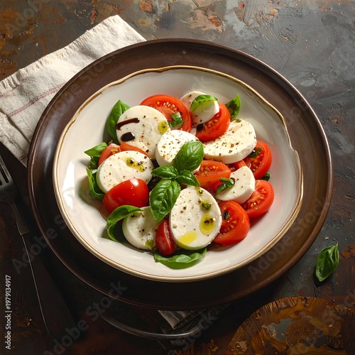 A plate of fresh mozzarella, tomato, and basil salad on a rustic table