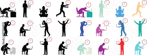 Work life silhouettes: vector set of people showing stress, burnout, creative ideas, and success. Concept for business challenges, innovation and employee mental health
