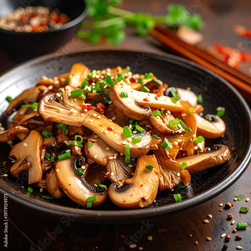 A plate of saut?ed mushrooms garnished with herbs and chili flakes