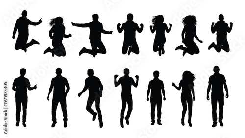 A collection of black silhouettes depicting people in various active poses including jumping dancing and standing high quality professional detailed modern