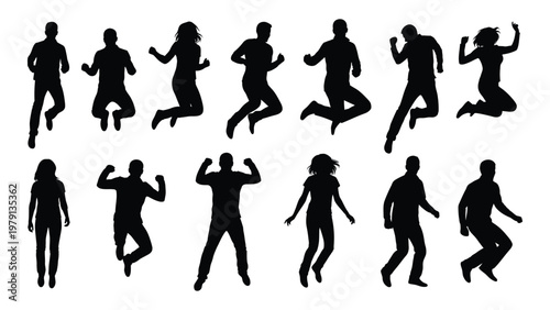 A collection of black silhouettes depicts diverse people jumping and gesturing with energetic body language suggesting celebration high quality professional detailed