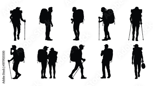 A collection of black silhouettes depicts hikers with backpacks and walking poles in various poses and perspectives high quality professional detailed