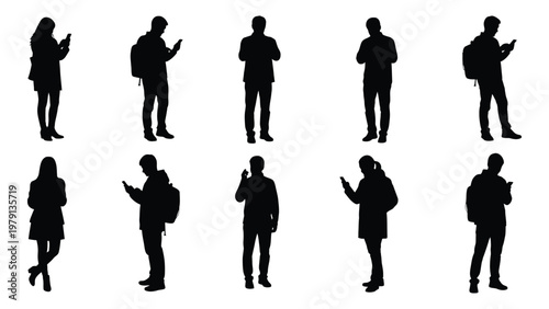 A collection of silhouettes depicting people engrossed in their mobile phones while walking or standing high quality professional detailed modern elegant