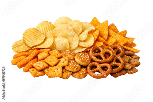 Assorted Crispy Snacks Mix Chips Crackers and Pretzels Isolated on Transparent Background PNG