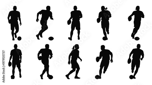 A collection of silhouettes depicts diverse individuals actively playing or practicing with soccer balls showing dynamic movement high quality professional detailed
