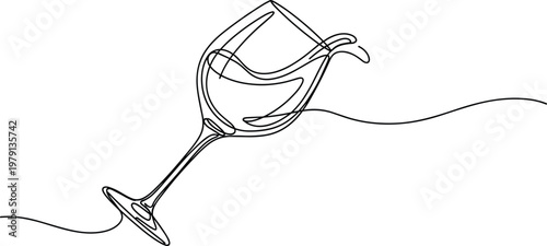 Single line of a wine glass with a flowing wave on a white background, suggesting celebration, enjoyment, and leisure