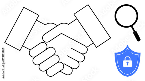 Security concept. Handshake trust, with shield lock and magnifying glass icons. Security ensuring reliable partnerships and data protection. Perfect for corporate, legal, or tech fields, data