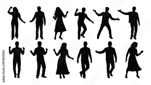 A collection of black silhouettes depicting diverse people in dynamic poses appearing to dance or gesture expressively high quality professional detailed